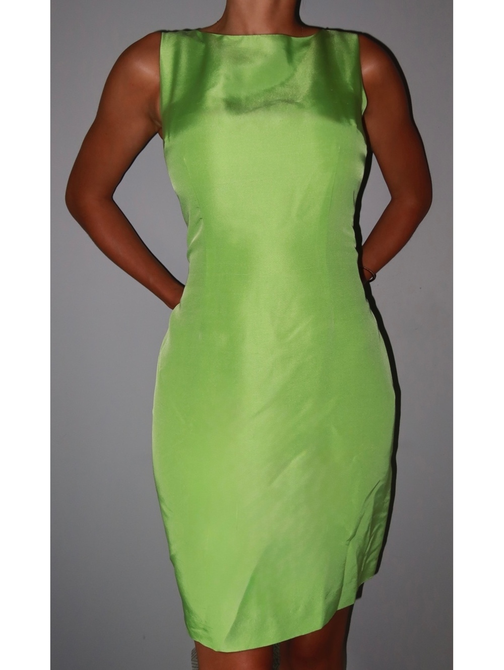 Vintage 90s Lime Green 100% Silk Sleeveless Sheath Dress